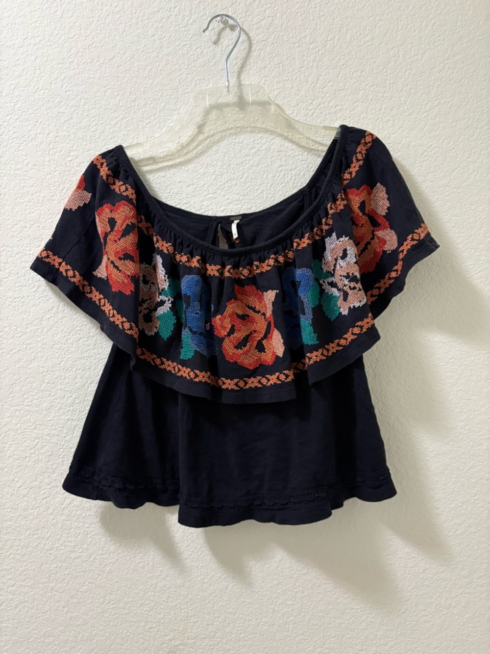 Free People To the Left off the shoulder black embroidered blouse. Size XS. PO